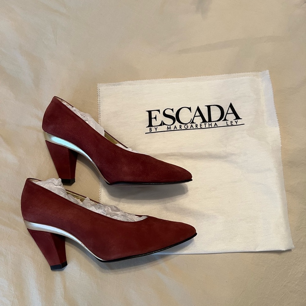 Dark red Escada heels with chrome detailing